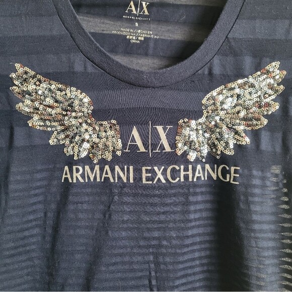 Armani Exchange Y2K See Through Sheer Bling Sequin Wing Short Sleeve T-Shirt S - Picture 2 of 7